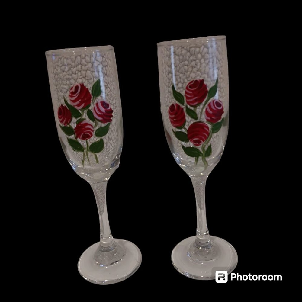 8" Hand Painted Wine Glasses – Roses – Romantic Set of 2 - Picture 8 of 8